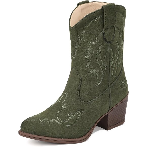 ⚡Women Green Faux Leather Ankle Cowgirl Pull-On Pointed Toe Short Western Boots - Picture 7 of 9